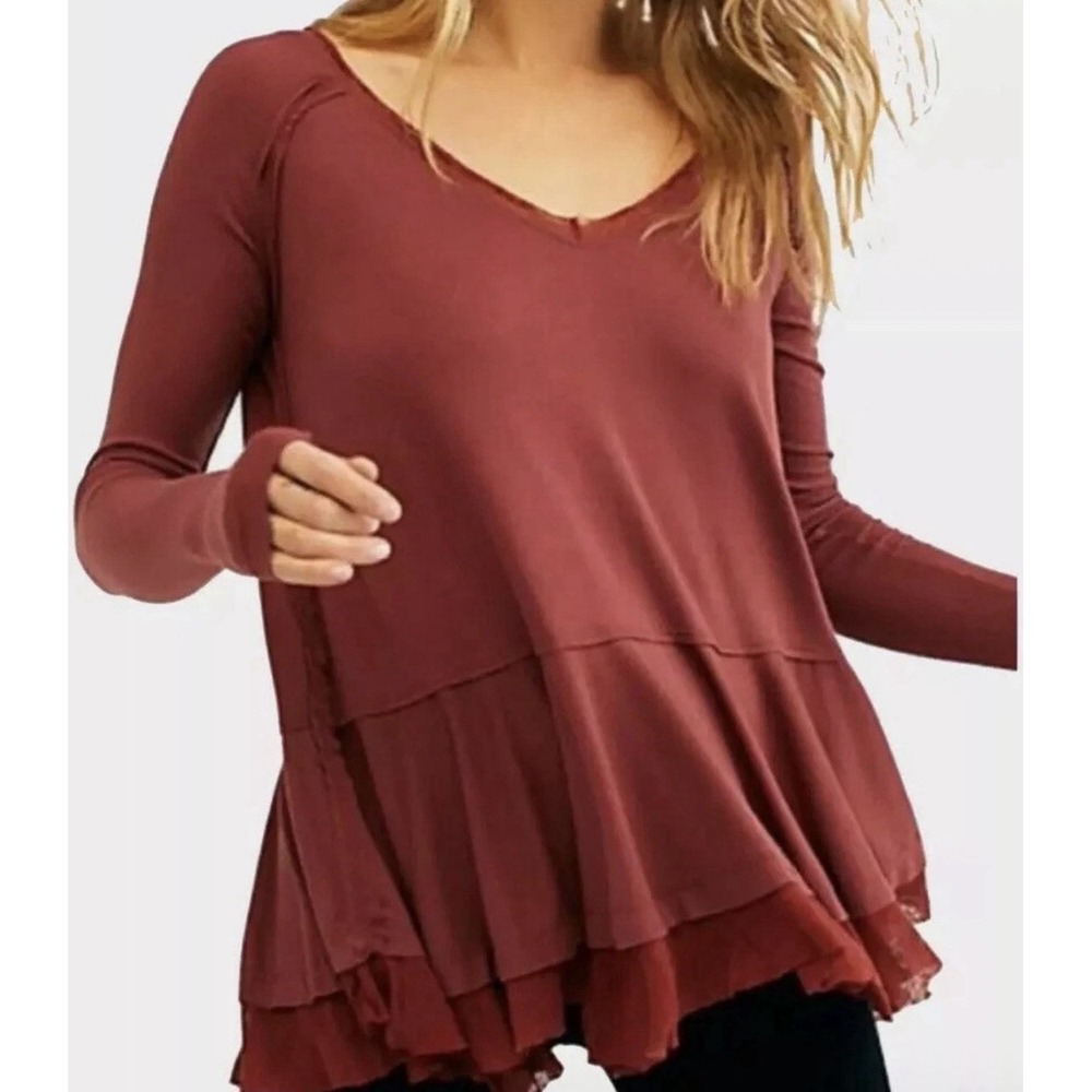 We The Free People Cranberry Tunic Ribbed Thumb Holes Swing Oversized Boho Small